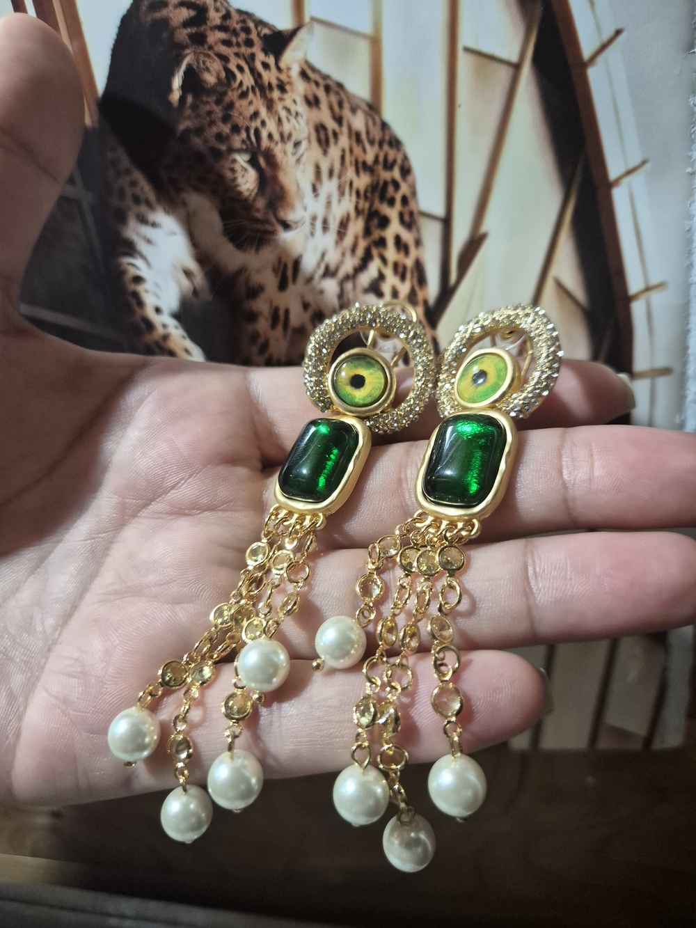 Gold-Tone Green Gem and Pearl Drop Earrings